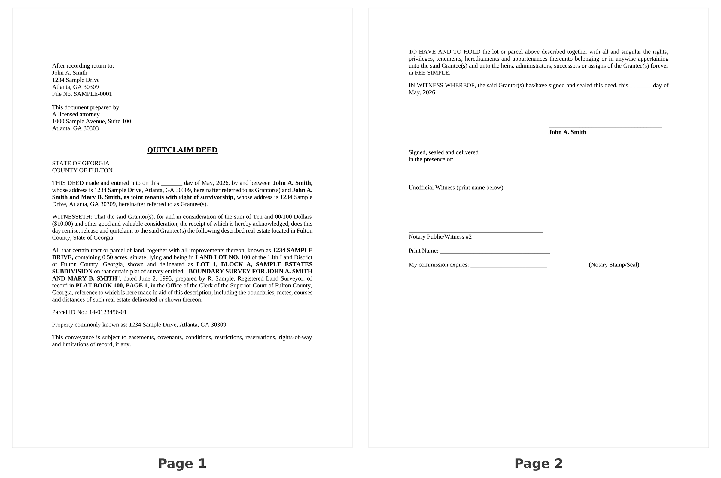 Sample Georgia deed — names, addresses, and parcel numbers are fictional