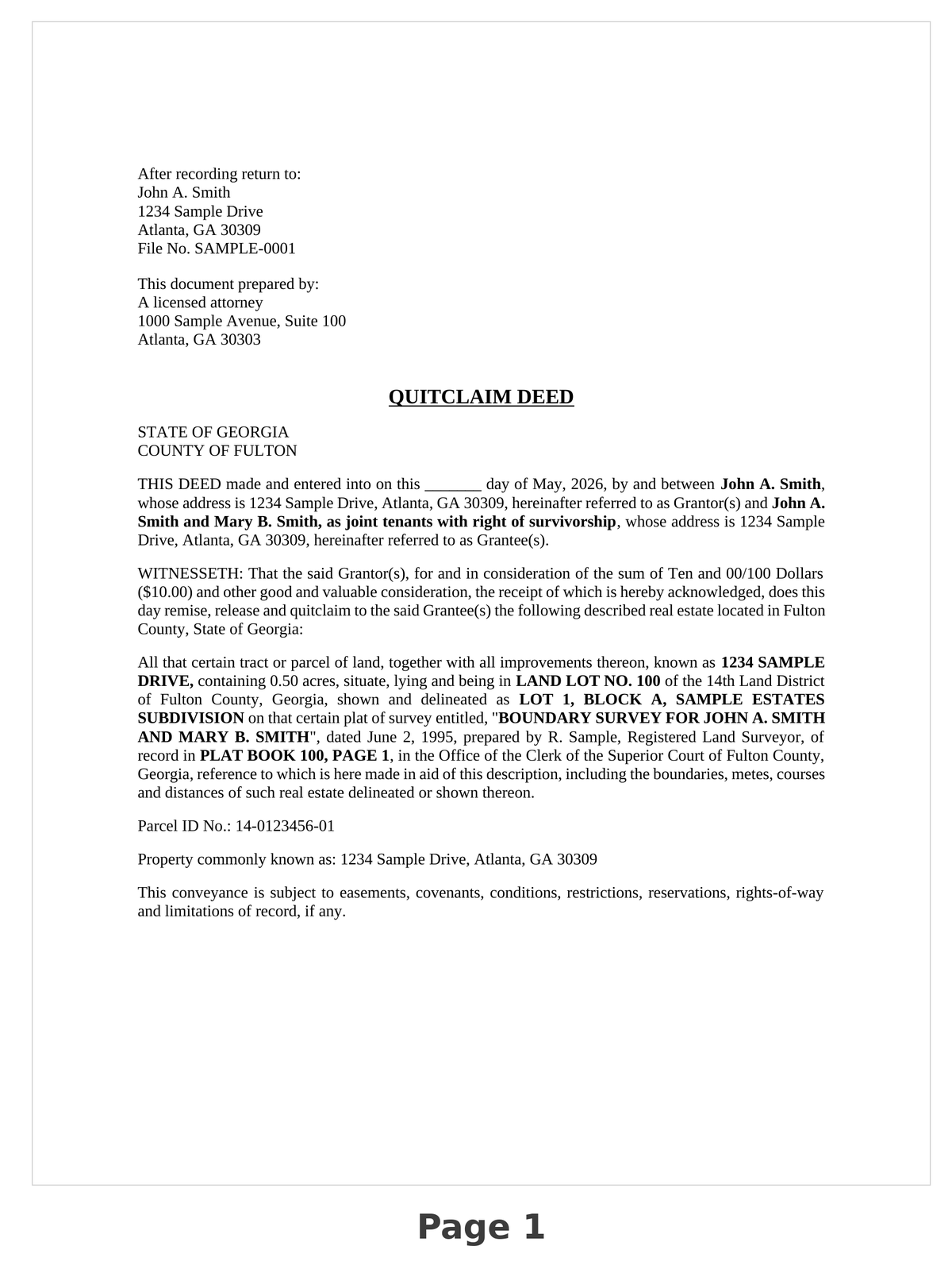 Sample Georgia quitclaim deed — page 1 of 2
