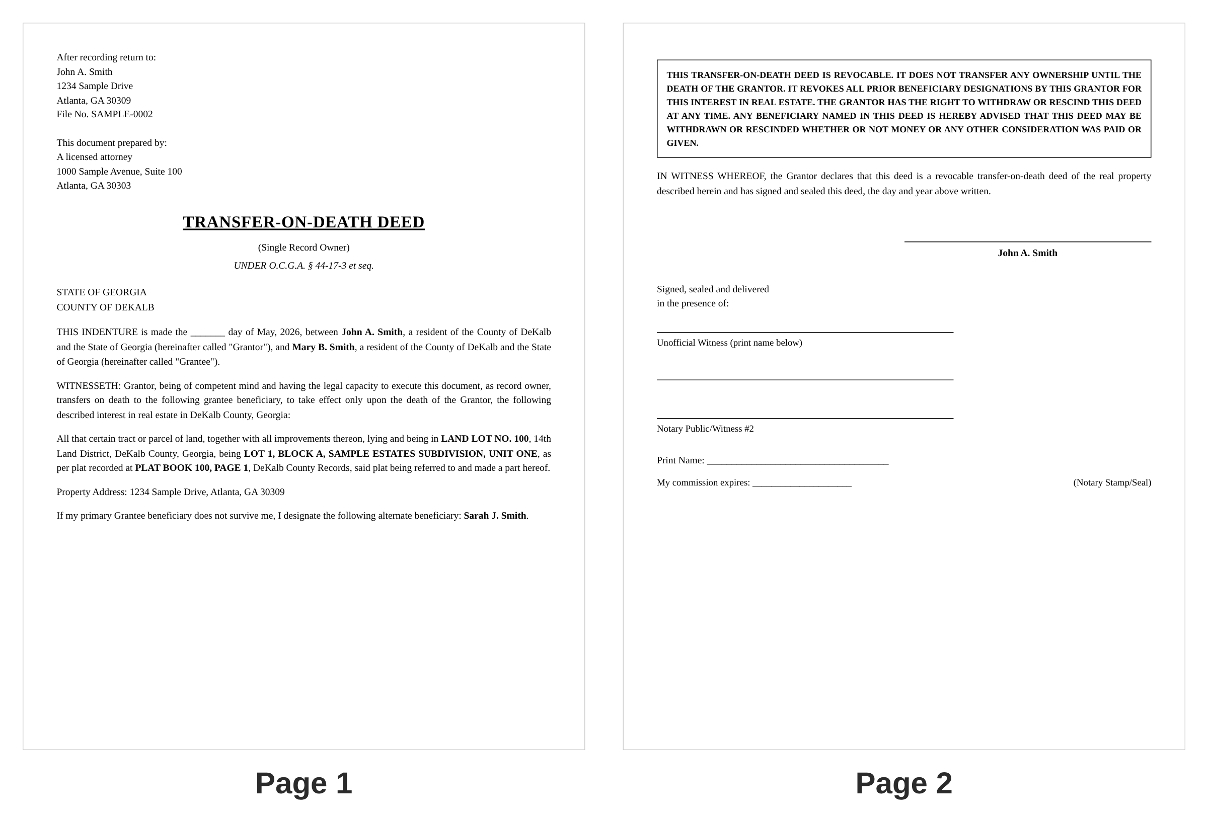 Sample Georgia transfer-on-death (TOD) deed — annotated example showing owner, named beneficiary, legal description, and revocability clause under Georgia’s transfer-on-death deed law (O.C.G.A. Title 44, Chapter 17)