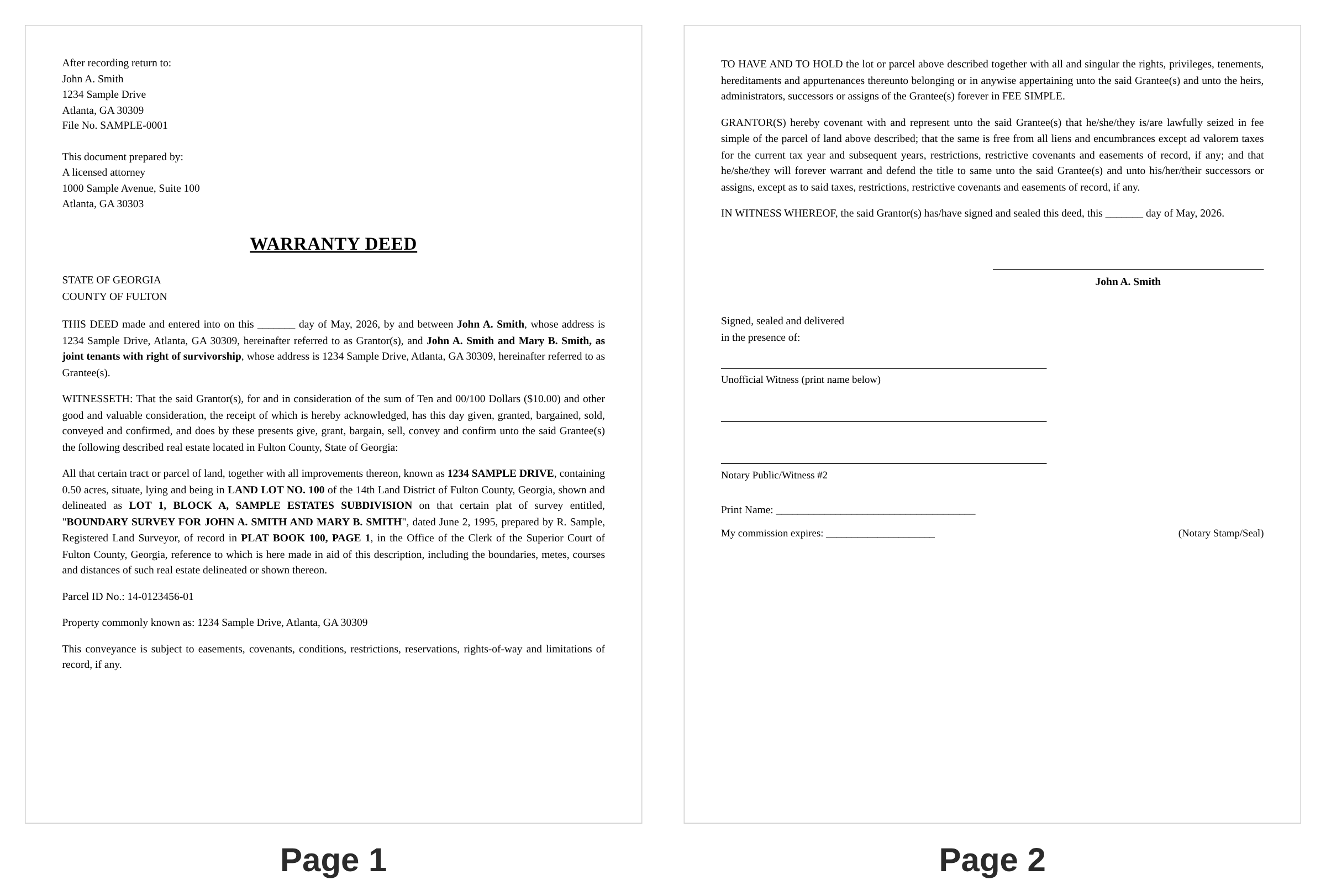 Sample Georgia deed — names, addresses, and parcel numbers are fictional